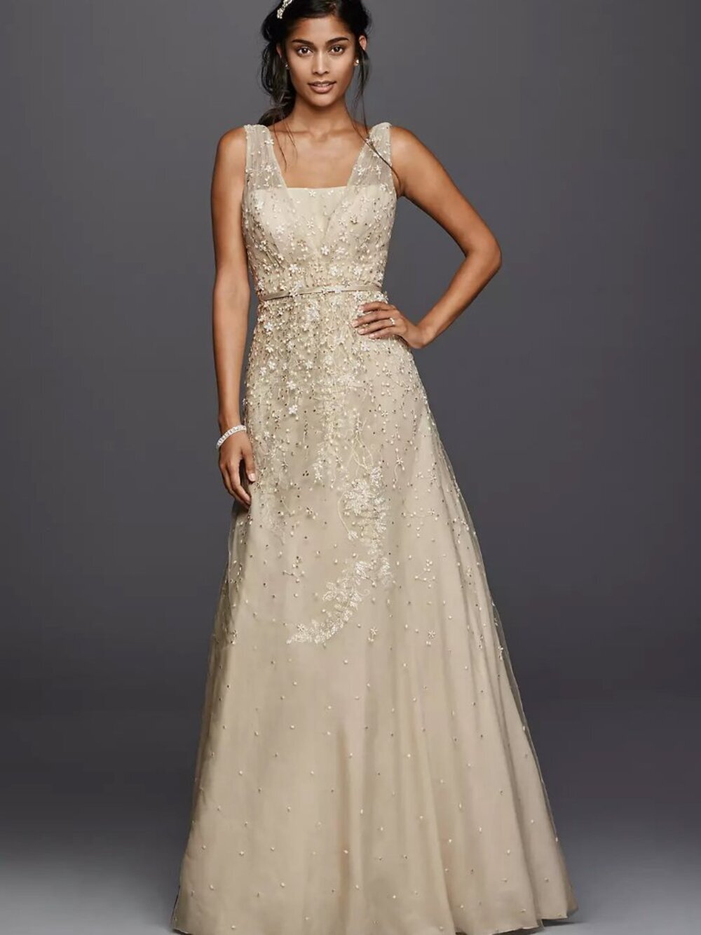 Melissa Sweet Champagne Wedding Dress Size 8 MS251151 Floral A-Line Bridal Gown - Picture 3 of 10